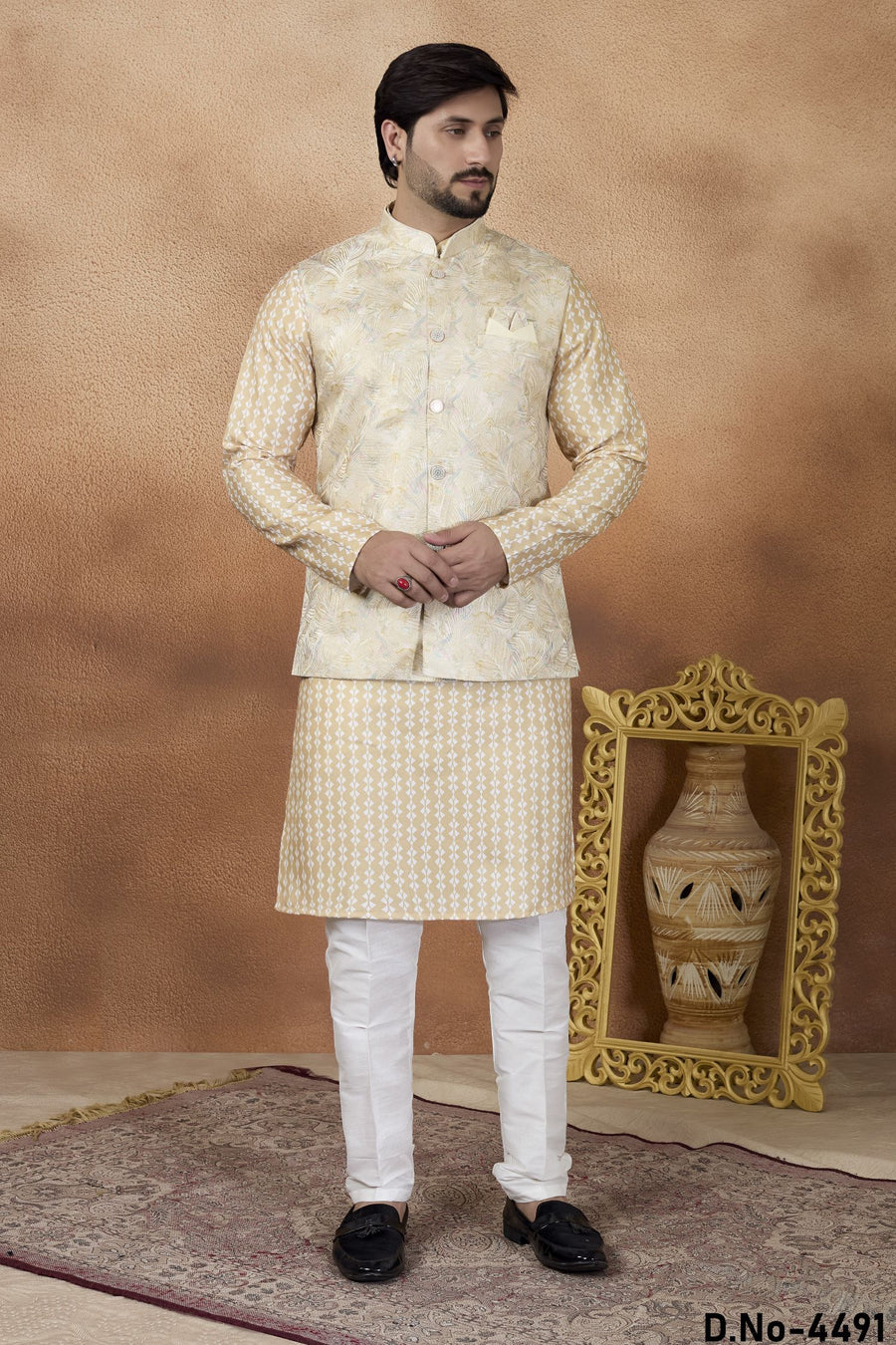 Cream Art Silk Kurta Pajama with Jacquard Work for Festival Wear Guys