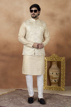 Cream Art Silk Kurta Pajama with Jacquard Work for Festival Wear Guys