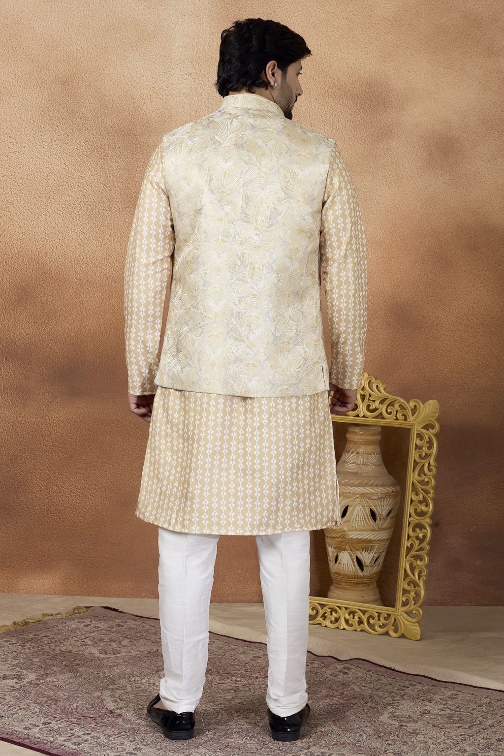 Cream Art Silk Kurta Pajama with Jacquard Work for Festival Wear Guys