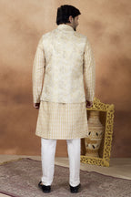 Cream Art Silk Kurta Pajama with Jacquard Work for Festival Wear Guys