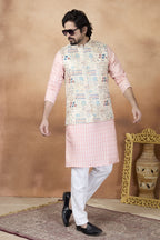 Pink Art Silk Kurta Pajama for Traditional Indian Attire Men with Jacquard Work