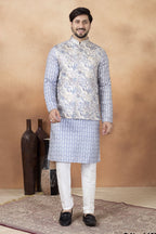 Blue Art Silk Kurta Pajama Traditional Indian Outfit Men