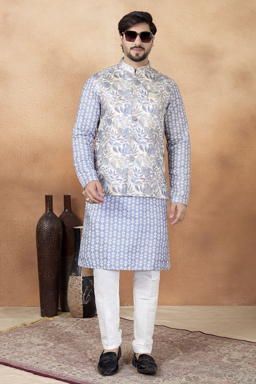 Blue Art Silk Kurta Pajama Traditional Indian Outfit Men