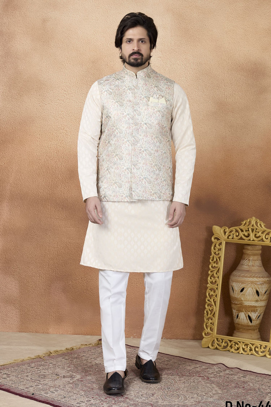 Light Cream Art Silk Kurta Pajama India Traditional Clothing Male with Jacquard and Print Work