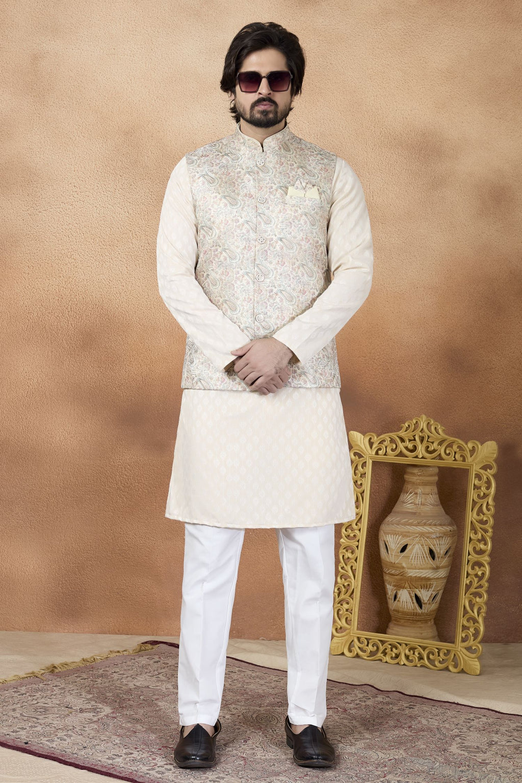 Light Cream Art Silk Kurta Pajama India Traditional Clothing Male with Jacquard and Print Work