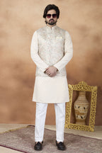 Light Cream Art Silk Kurta Pajama India Traditional Clothing Male with Jacquard and Print Work