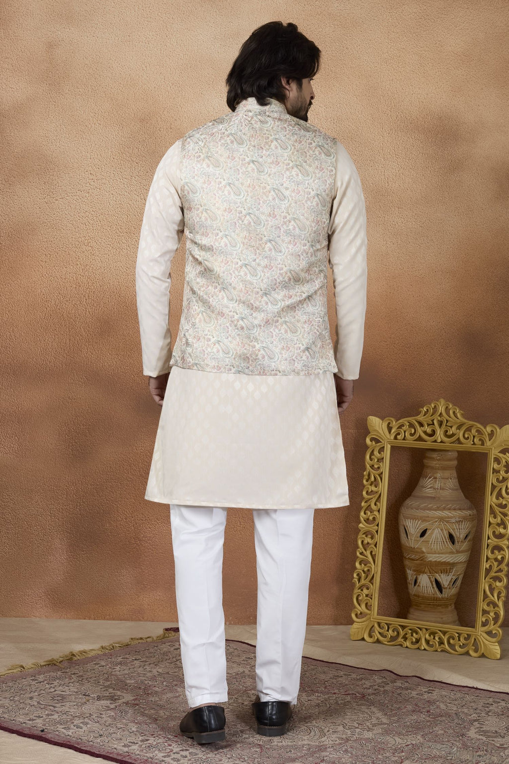 Light Cream Art Silk Kurta Pajama India Traditional Clothing Male with Jacquard and Print Work