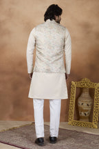 Light Cream Art Silk Kurta Pajama India Traditional Clothing Male with Jacquard and Print Work