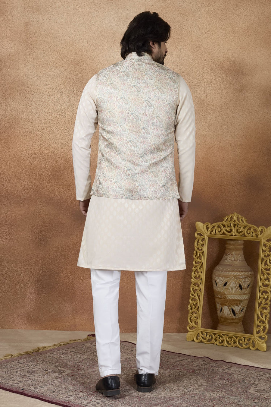 Light Cream Art Silk Kurta Pajama India Traditional Clothing Male with Jacquard and Print Work