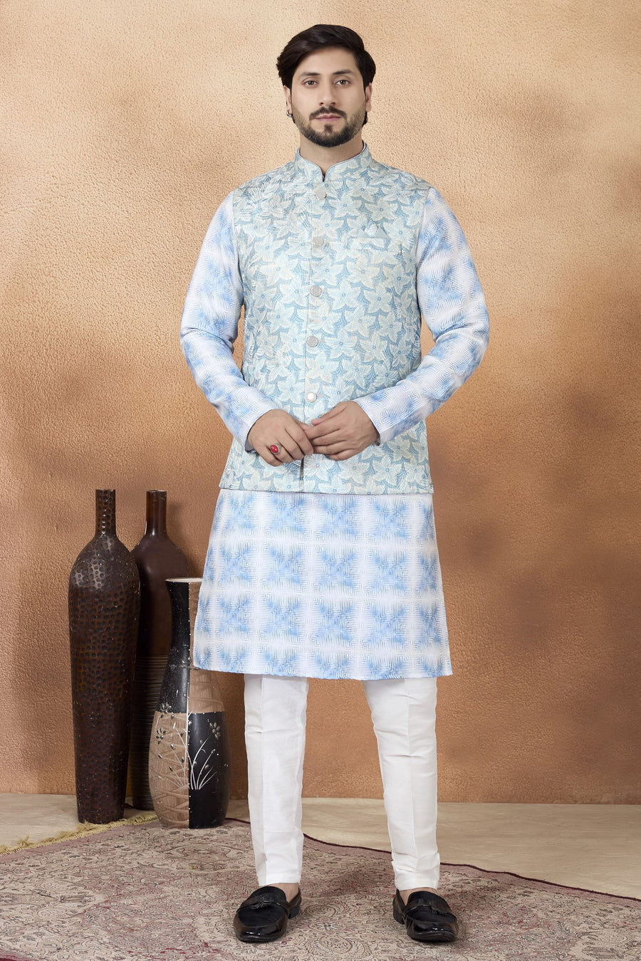 Sky Blue Art Silk Kurta Pajama for India Traditional Clothing Men with Jacquard Work