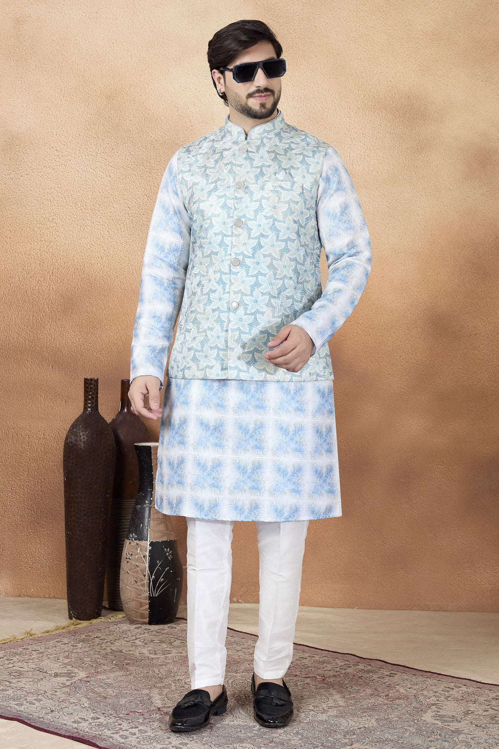 Sky Blue Art Silk Kurta Pajama for India Traditional Clothing Men with Jacquard Work