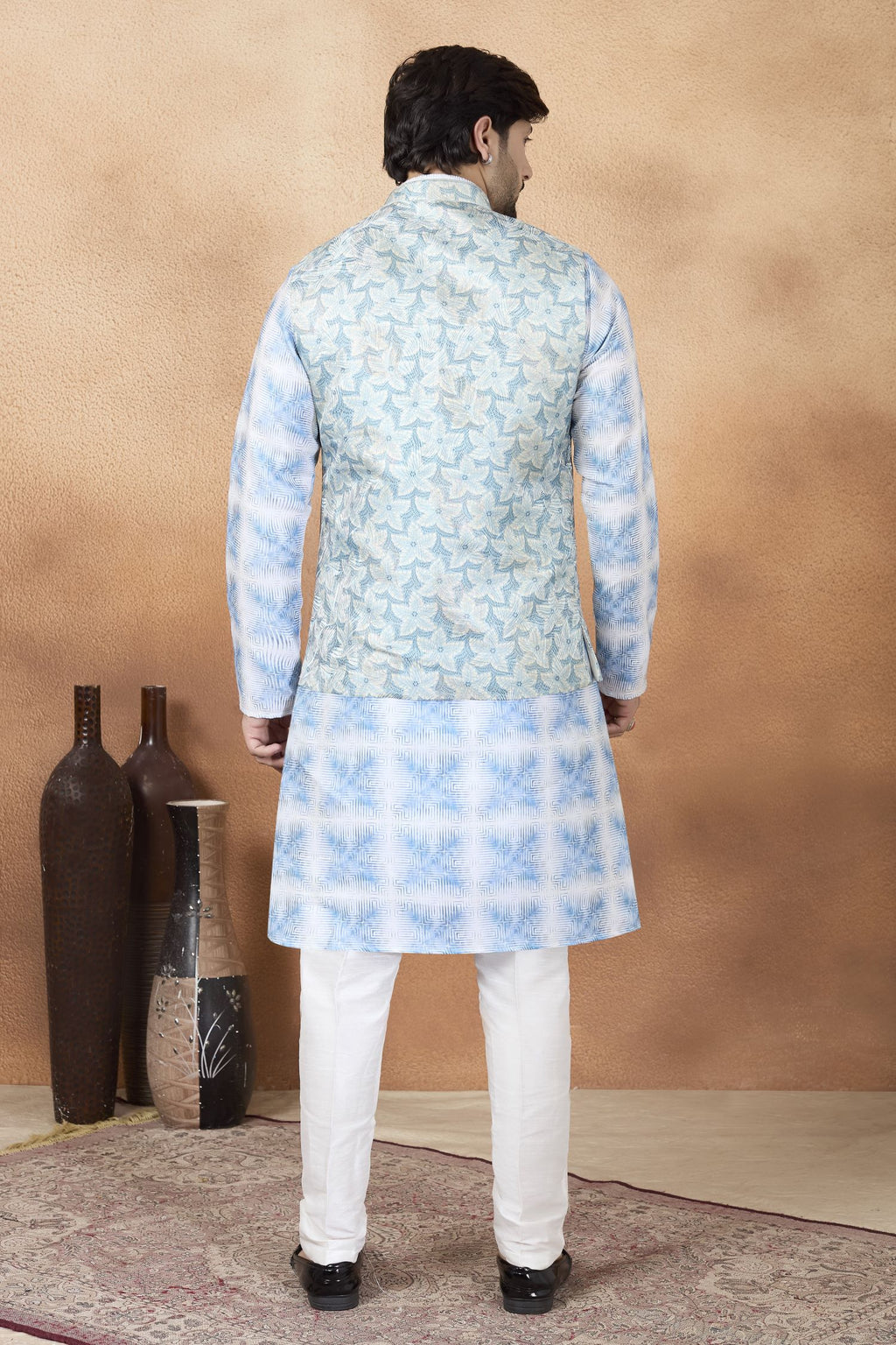 Sky Blue Art Silk Kurta Pajama for India Traditional Clothing Men with Jacquard Work