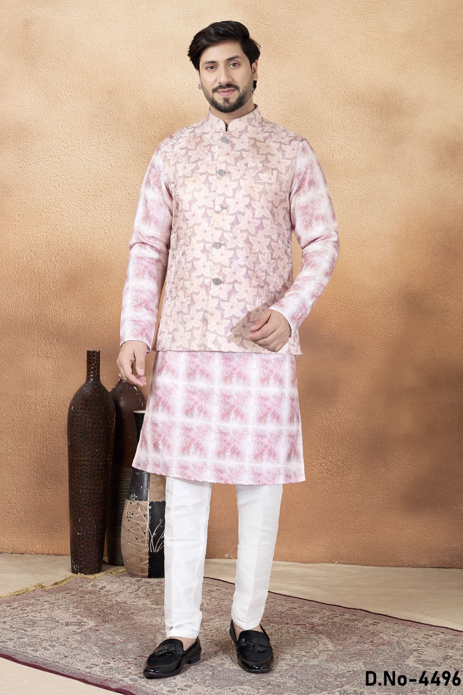 Dark Pink Art Silk Kurta Pajama Traditional Hindu Men's Clothing with Jacquard Work