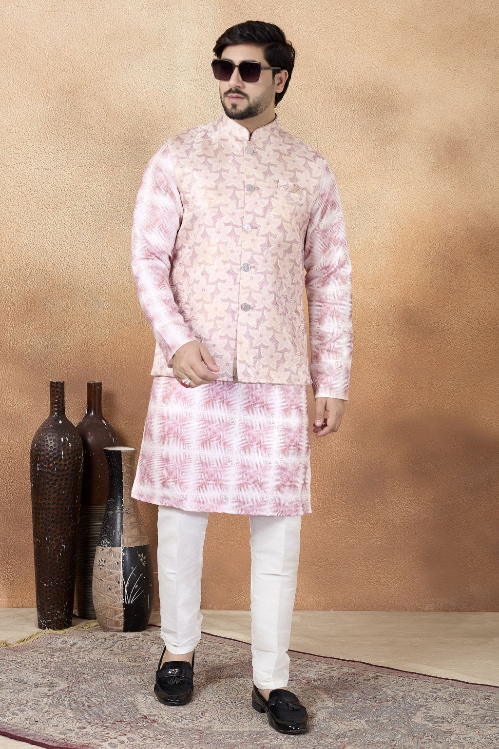 Dark Pink Art Silk Kurta Pajama Traditional Hindu Men's Clothing with Jacquard Work