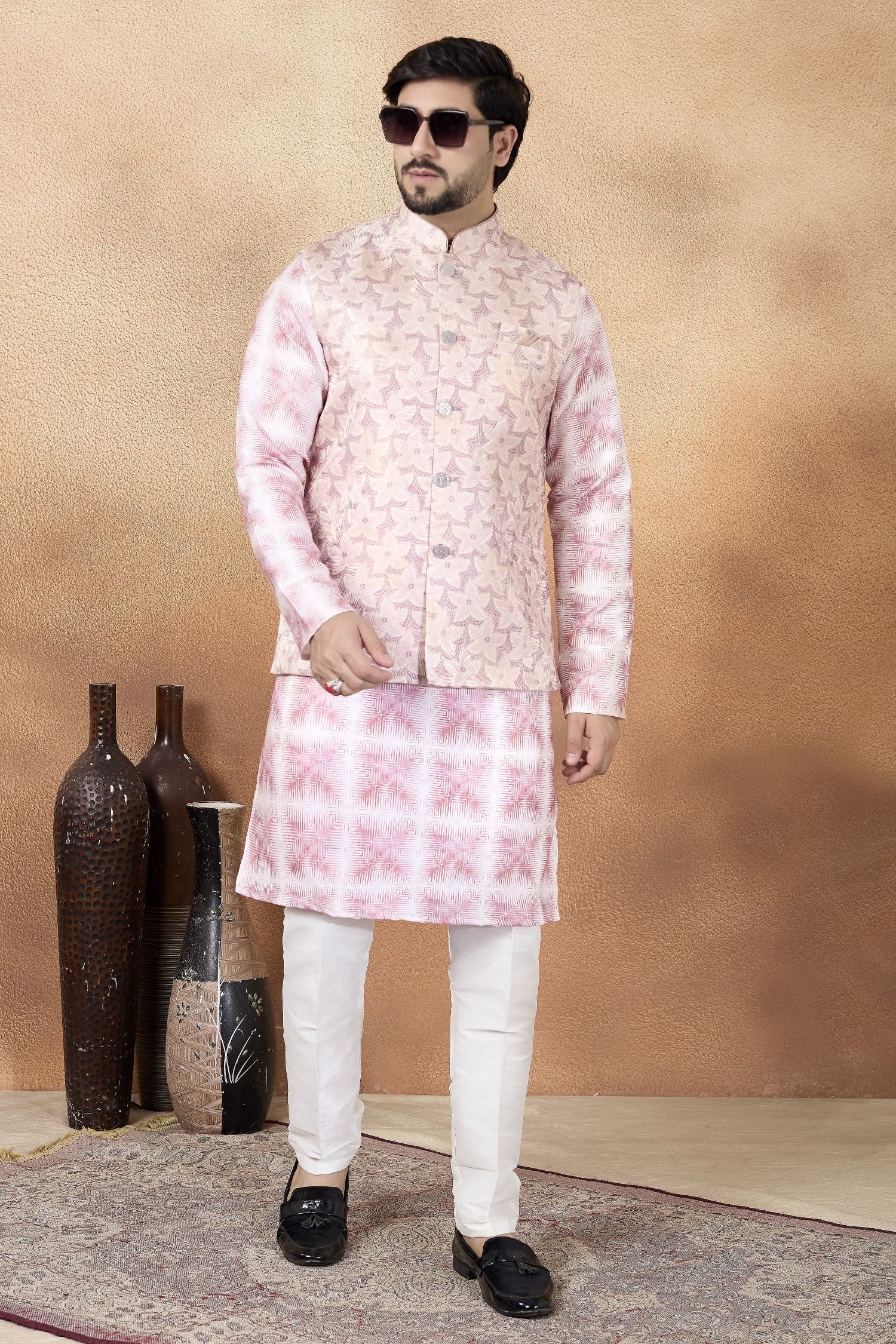 Dark Pink Art Silk Kurta Pajama Traditional Hindu Men's Clothing with Jacquard Work