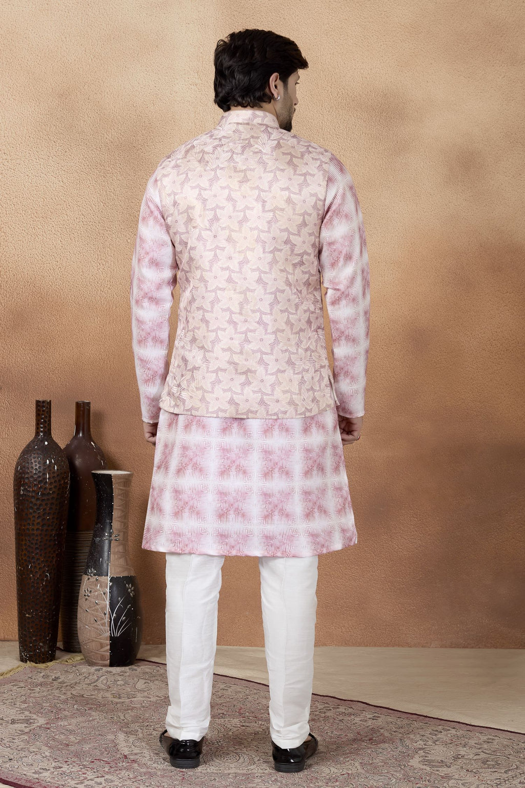 Dark Pink Art Silk Kurta Pajama Traditional Hindu Men's Clothing with Jacquard Work