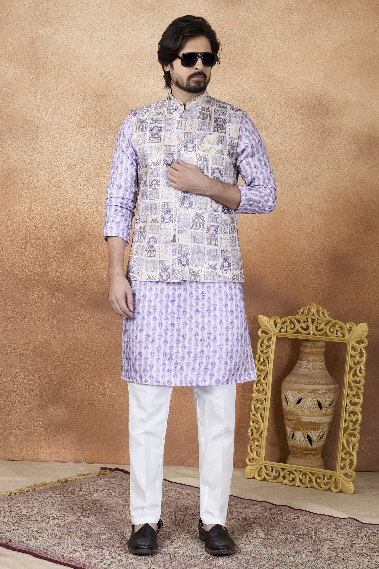 Purple Art Silk Mens Indian Wedding Attire Kurta Pajama