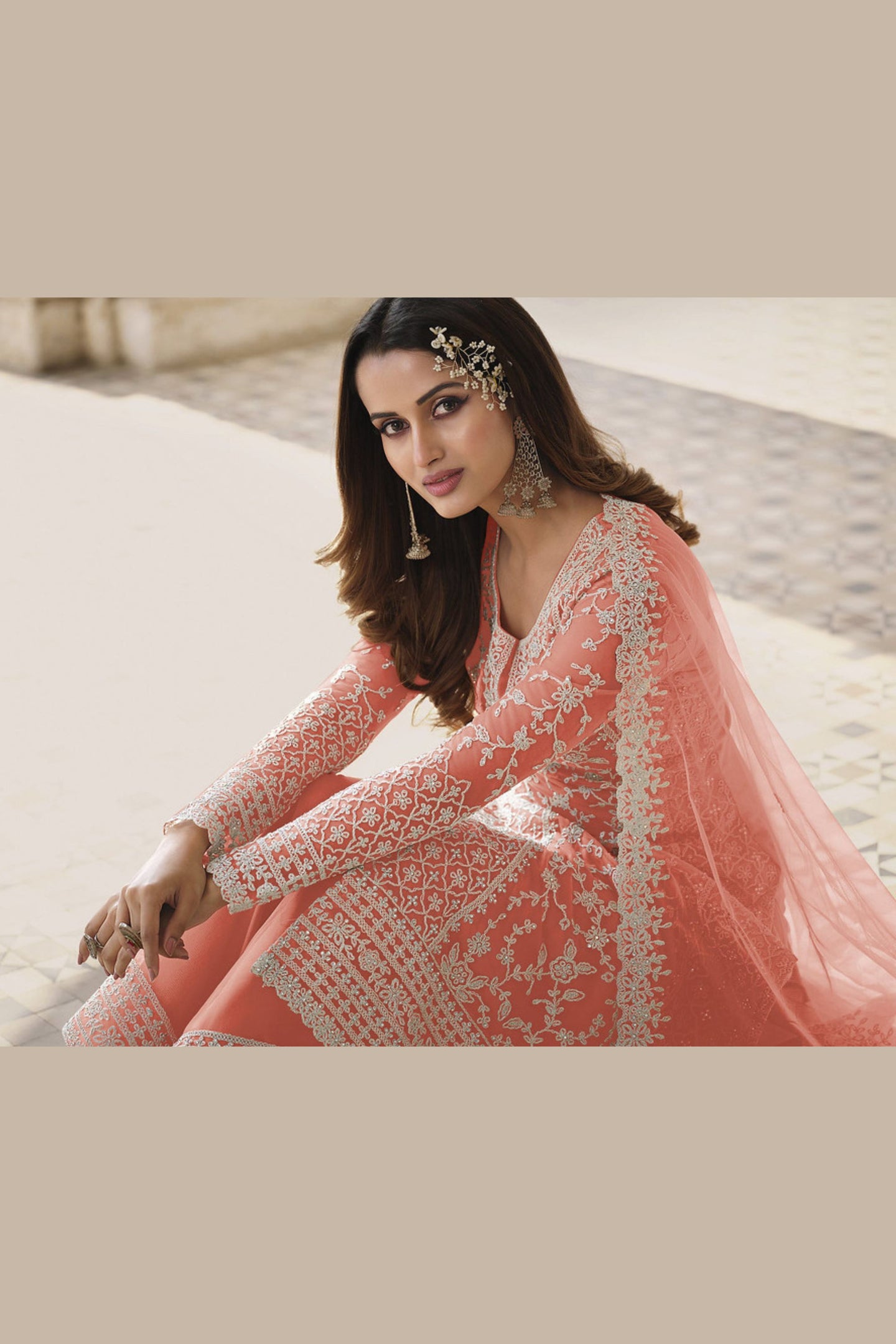 Light Orange Net & Cording Work Salwar Kameez Plazzo Suit For Indian Wedding & Festival - Embroidery Work, Cording Work