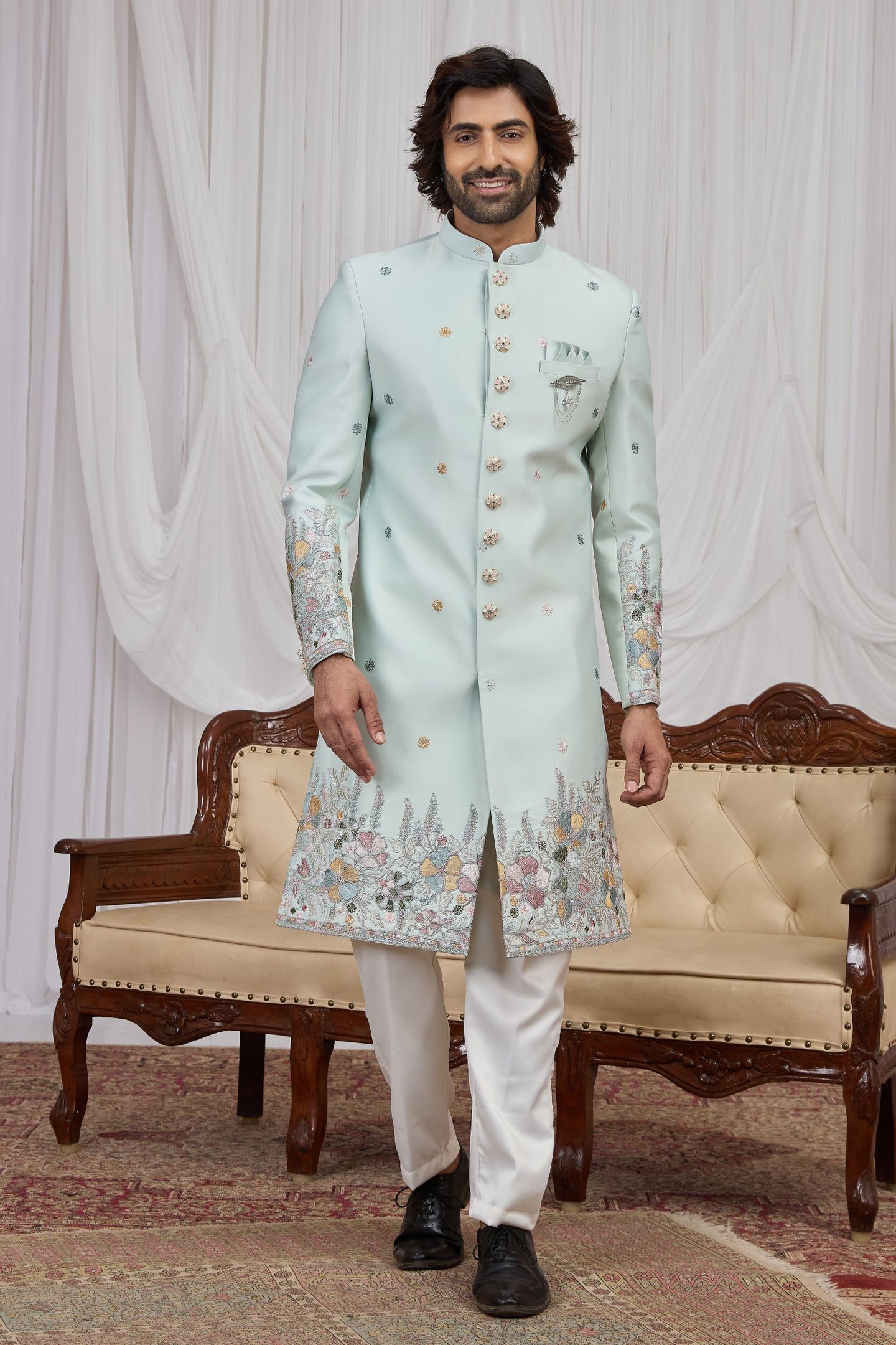 Light Firozi Jacquard Men's Kurta Pyjama Style Sherwani with Thread Embroidery