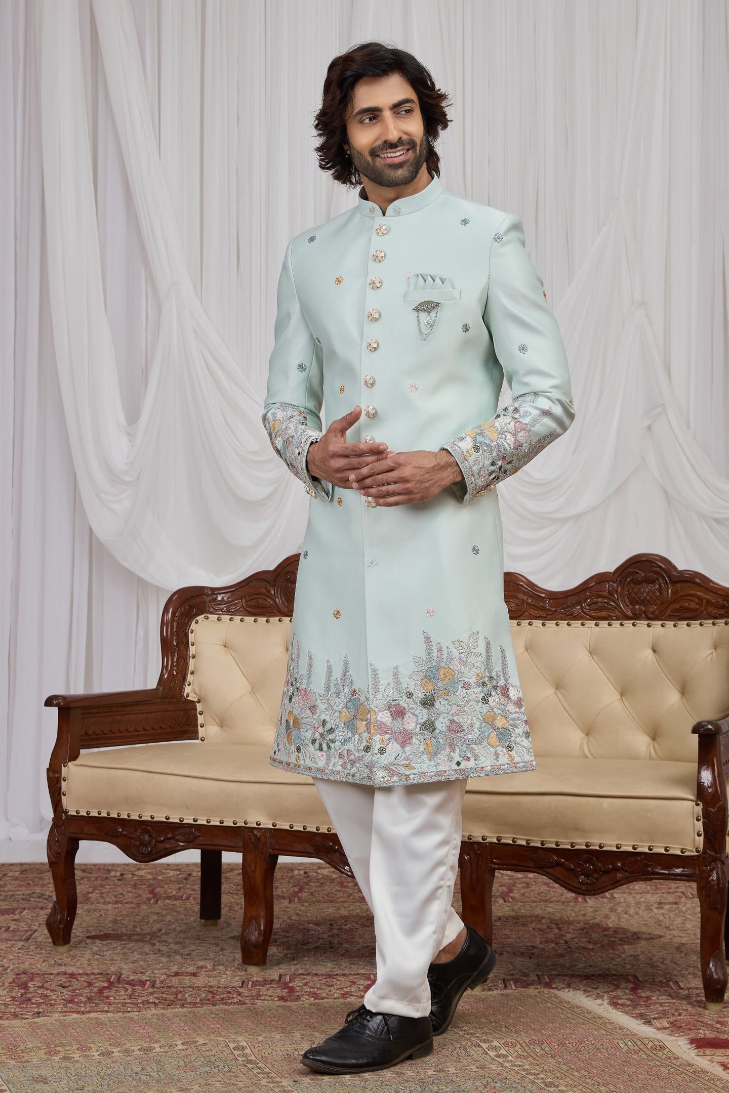Light Firozi Jacquard Men's Kurta Pyjama Style Sherwani with Thread Embroidery