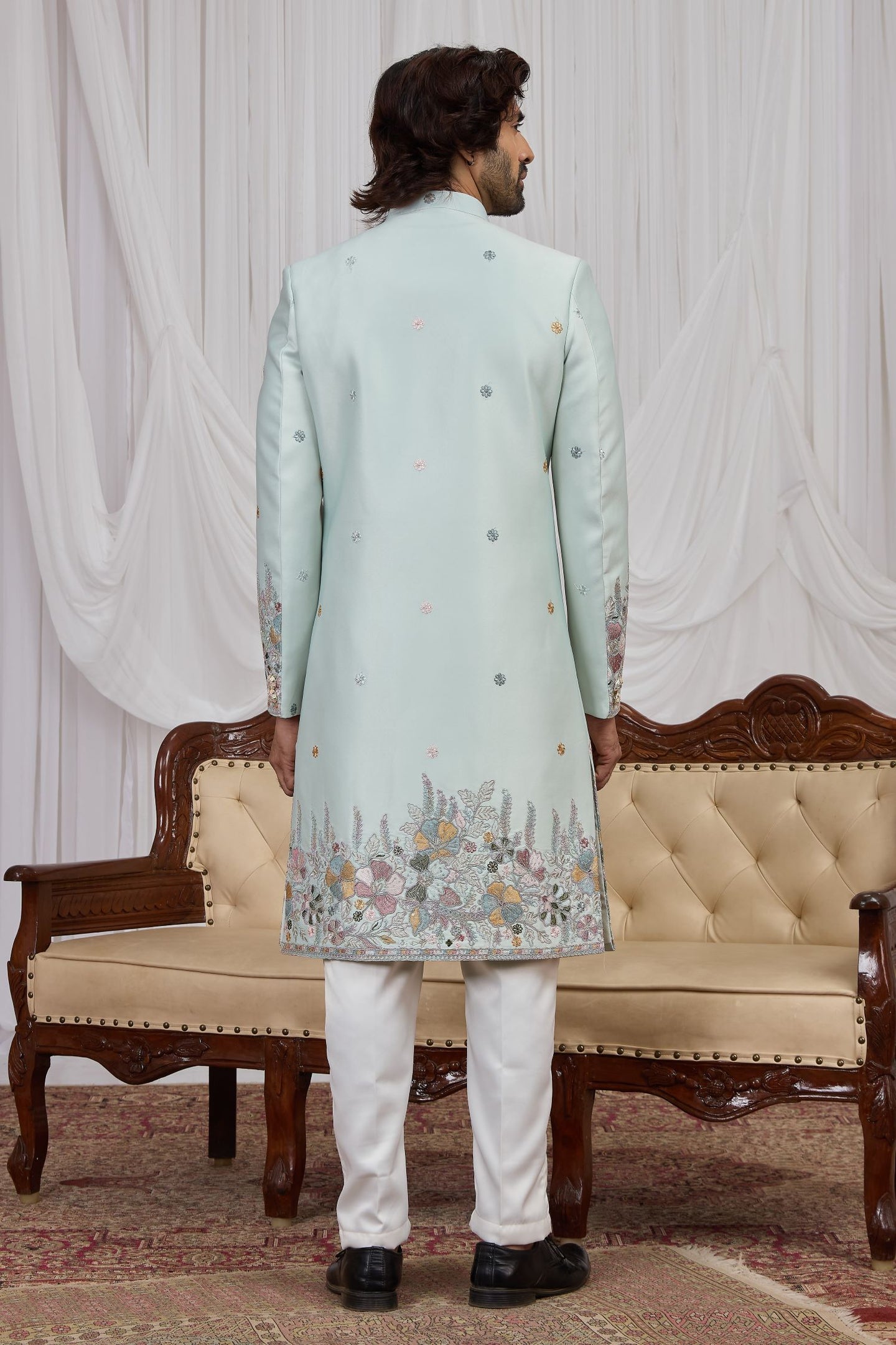 Light Firozi Jacquard Men's Kurta Pyjama Style Sherwani with Thread Embroidery