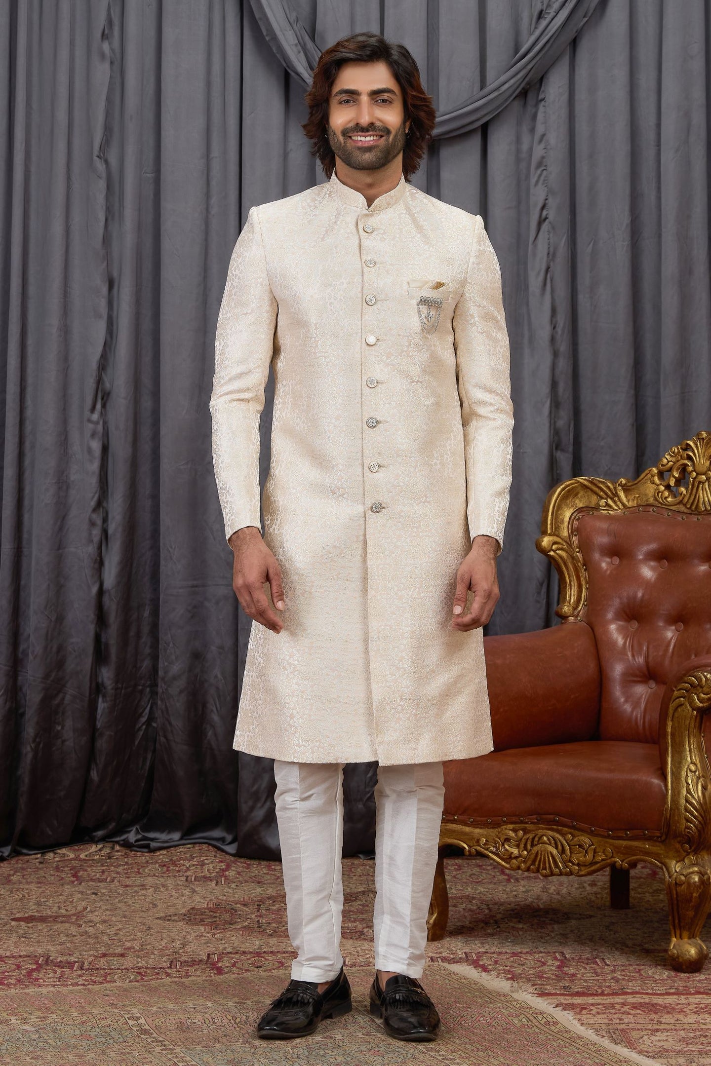 Cream Jacquard Sherwani with Woven Work for Mens Wear Kurta Pajama