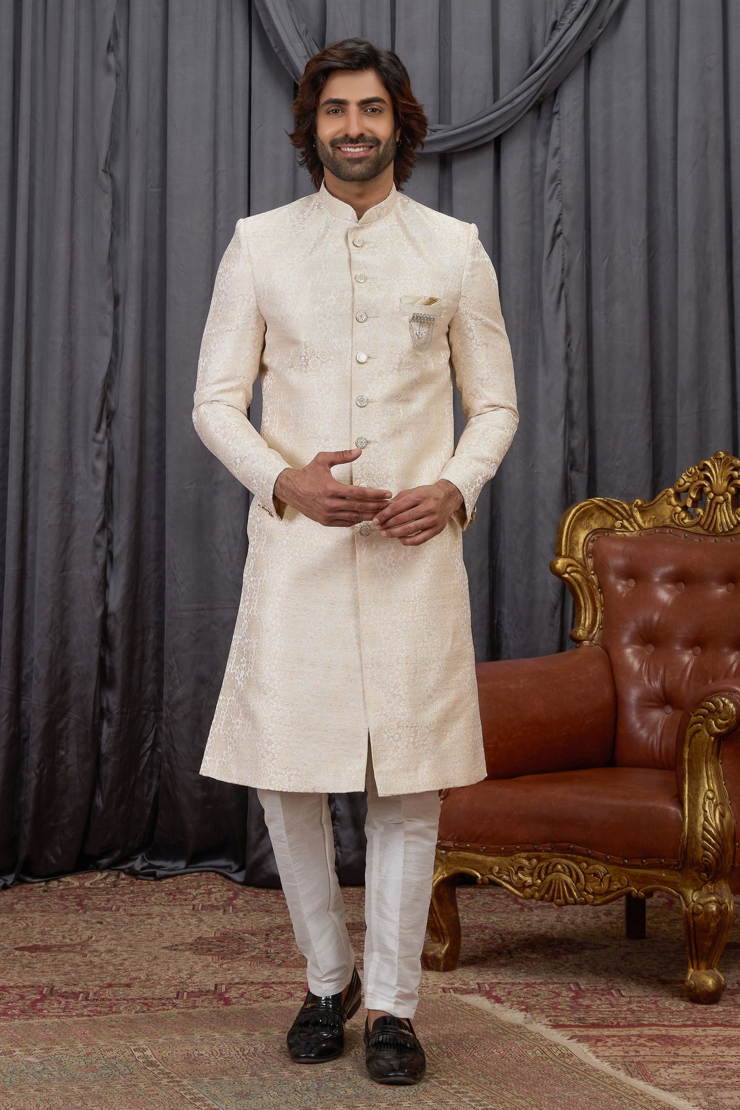 Cream Jacquard Sherwani with Woven Work for Mens Wear Kurta Pajama