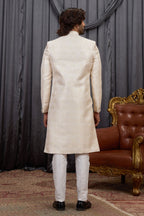 Cream Jacquard Sherwani with Woven Work for Mens Wear Kurta Pajama