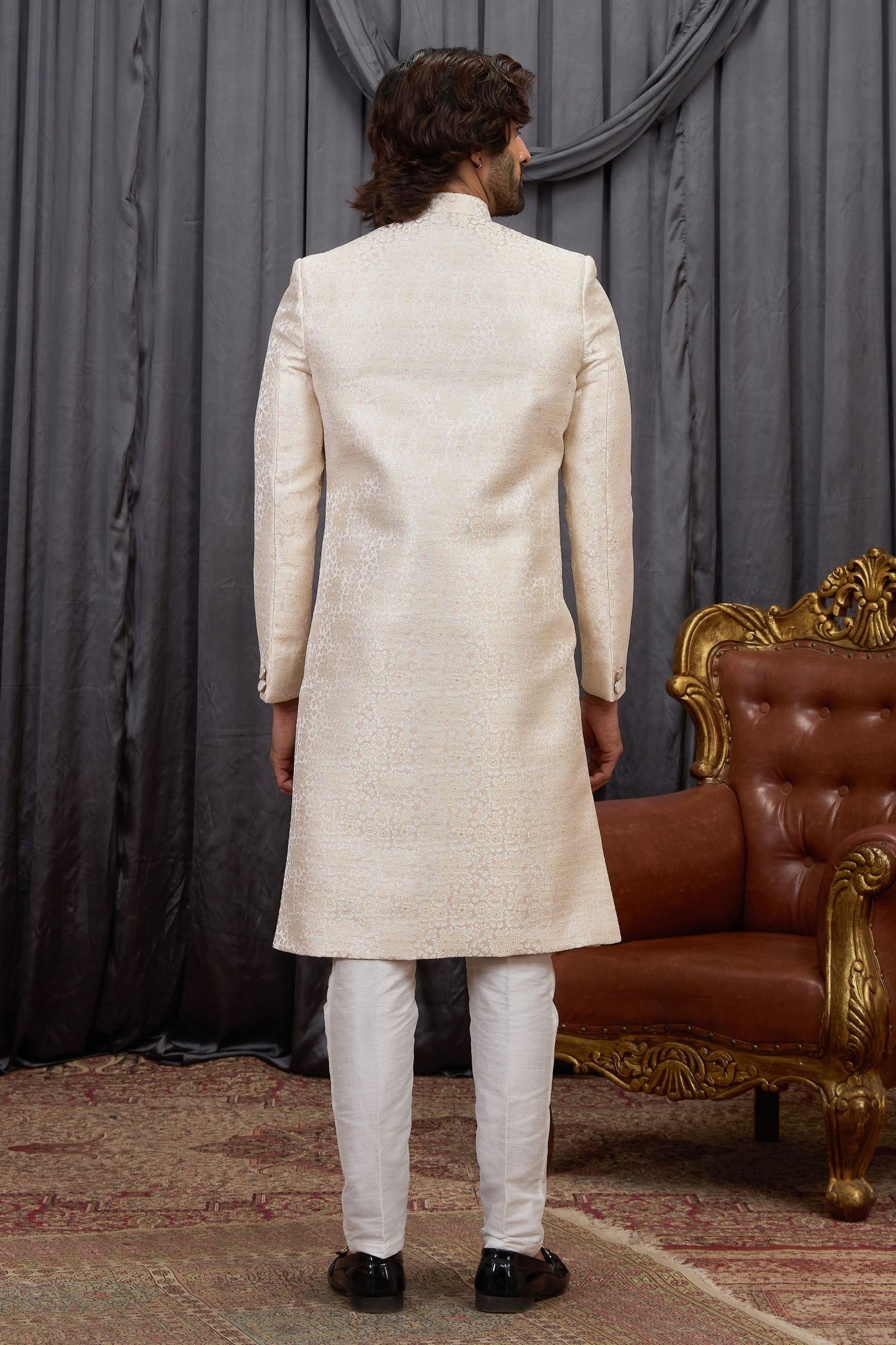 Cream Jacquard Sherwani with Woven Work for Mens Wear Kurta Pajama