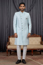 Firozi Jacquard Sherwani Kurta and Pajama for Mens