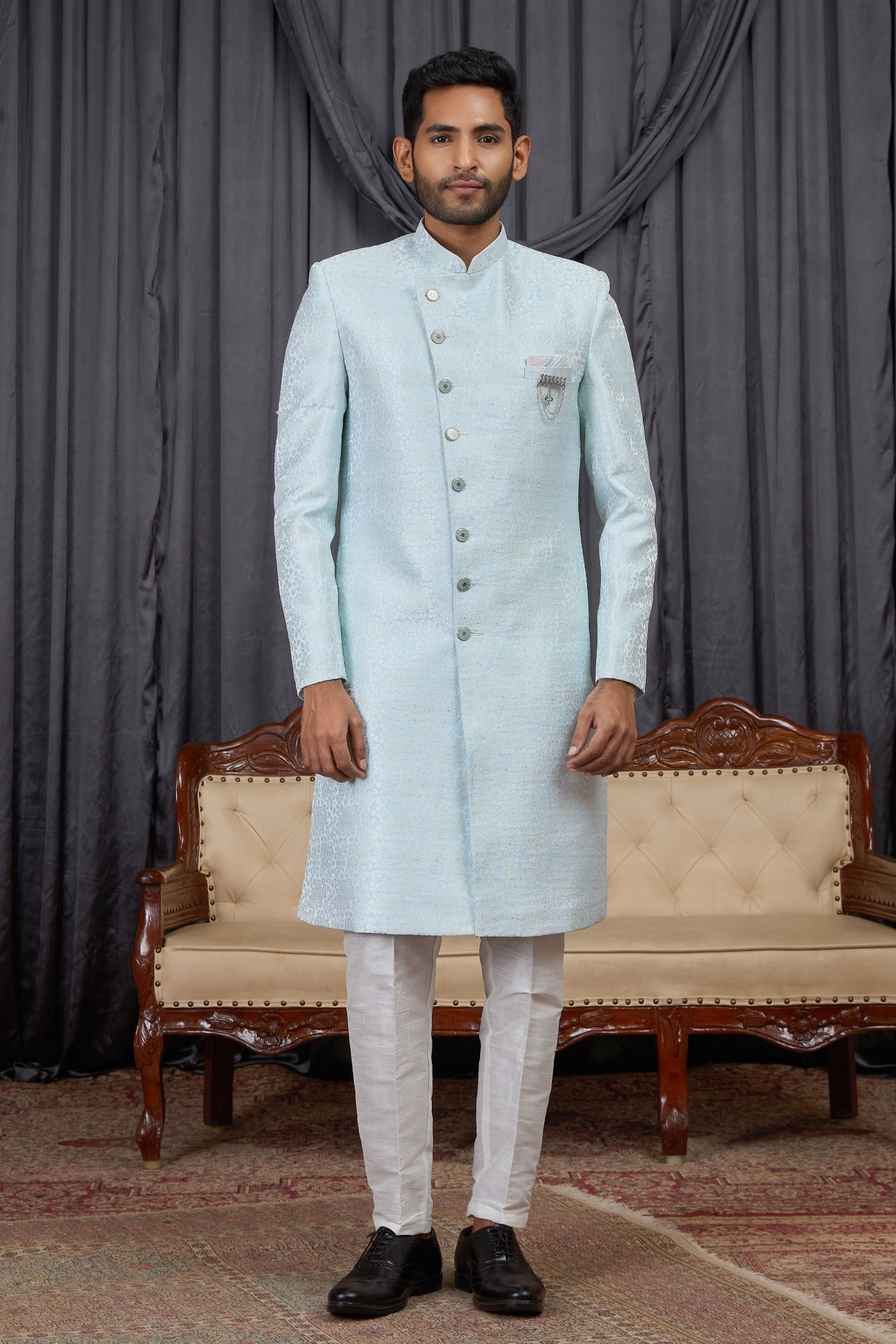 Firozi Jacquard Sherwani Kurta and Pajama for Mens