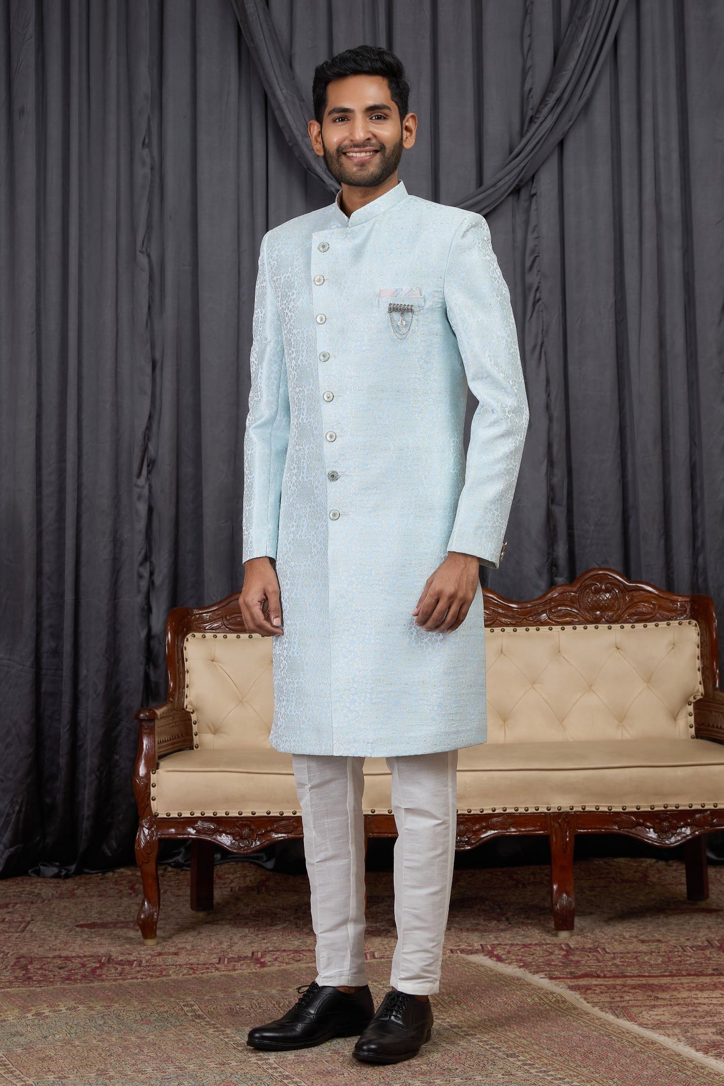 Firozi Jacquard Sherwani Kurta and Pajama for Mens