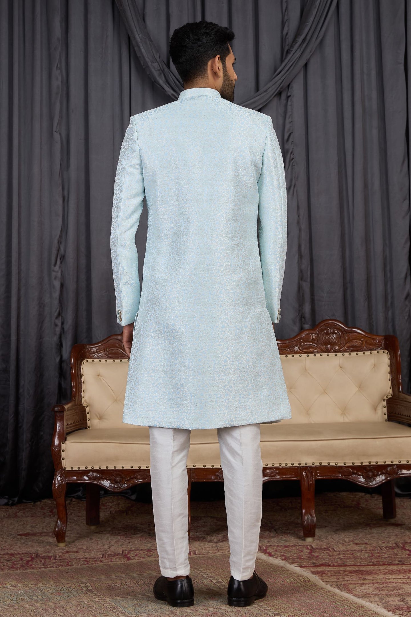 Firozi Jacquard Sherwani Kurta and Pajama for Mens