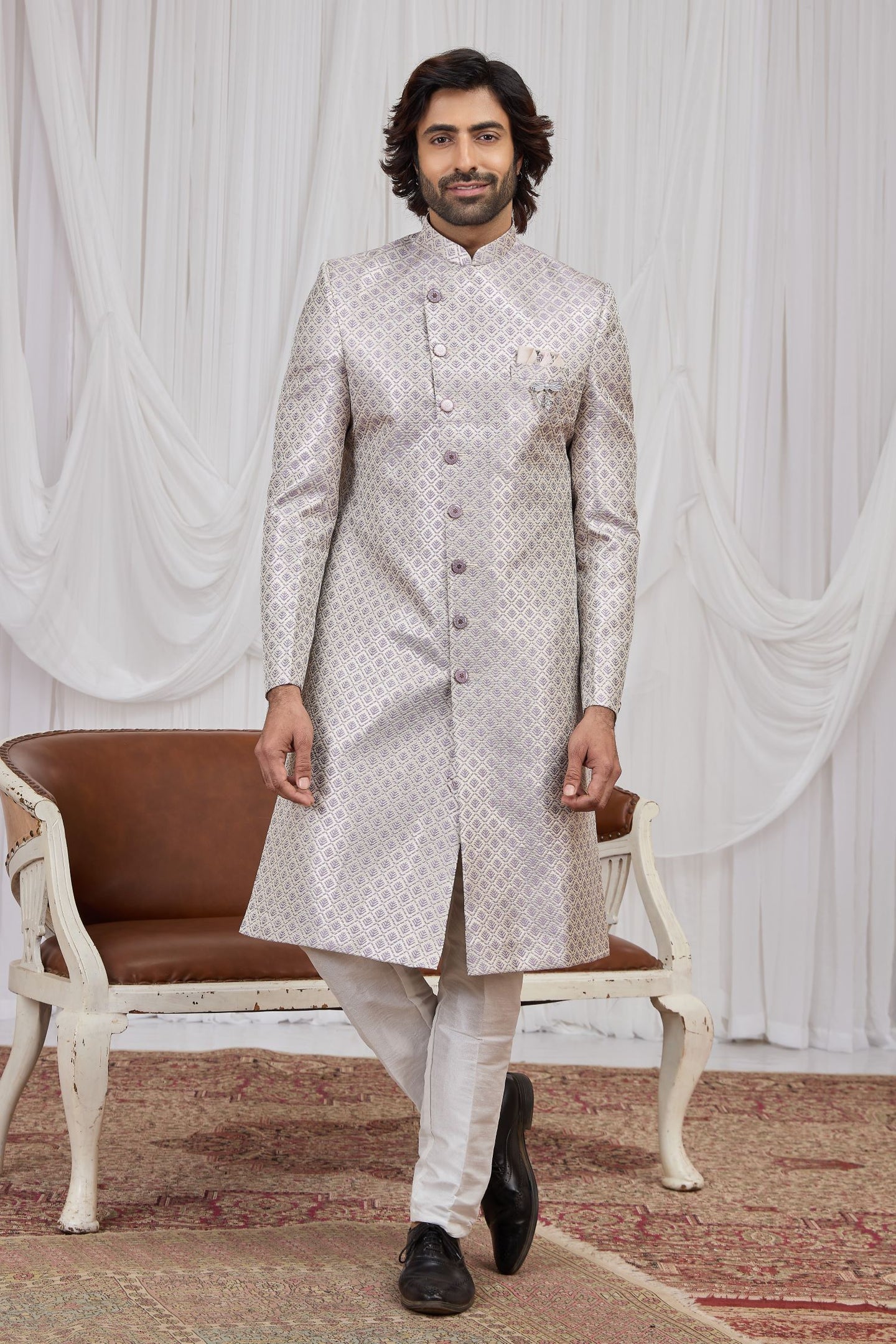 Purple Jacquard Sherwani Kurta Pyjama for Men with Weaving Work