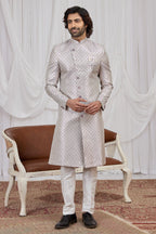 Purple Jacquard Sherwani Kurta Pyjama for Men with Weaving Work