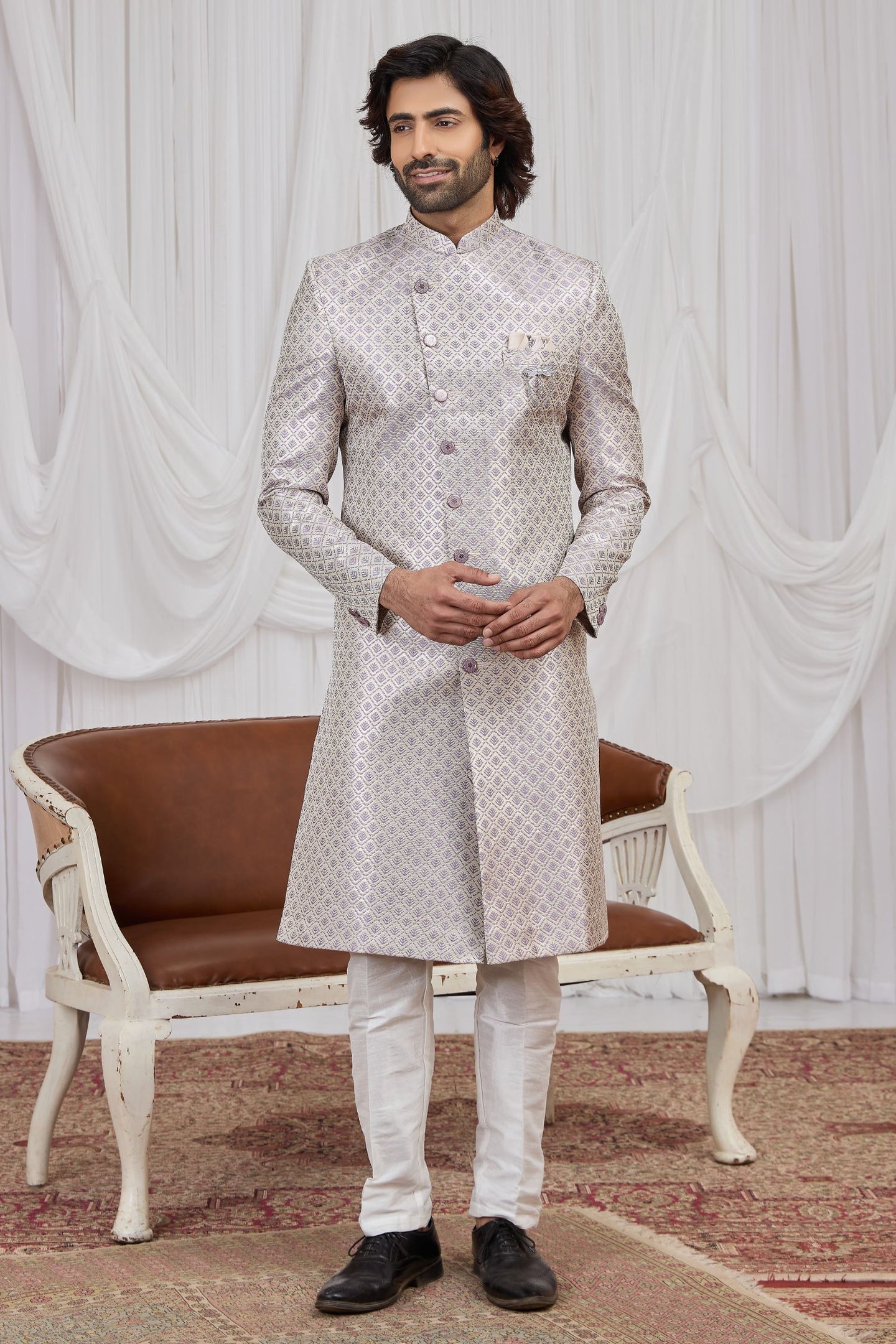 Purple Jacquard Sherwani Kurta Pyjama for Men with Weaving Work