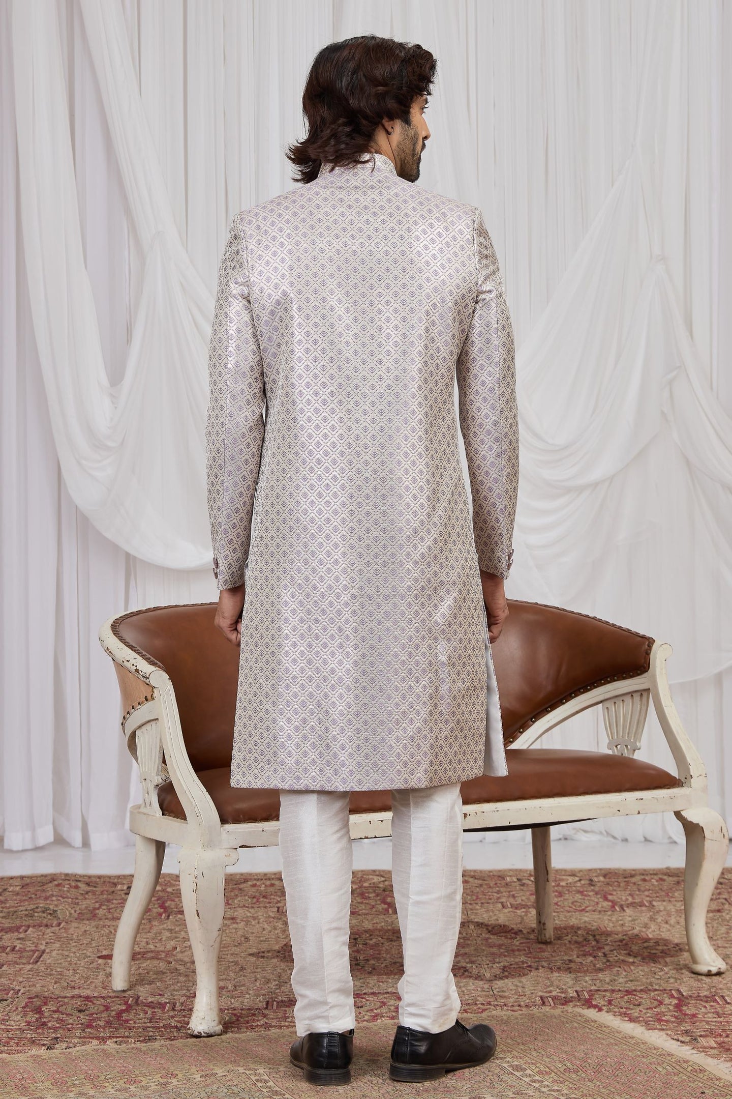 Purple Jacquard Sherwani Kurta Pyjama for Men with Weaving Work