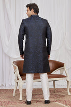 Black Blue Jacquard Weaving Work Men's Kurta and Pajama Sherwani