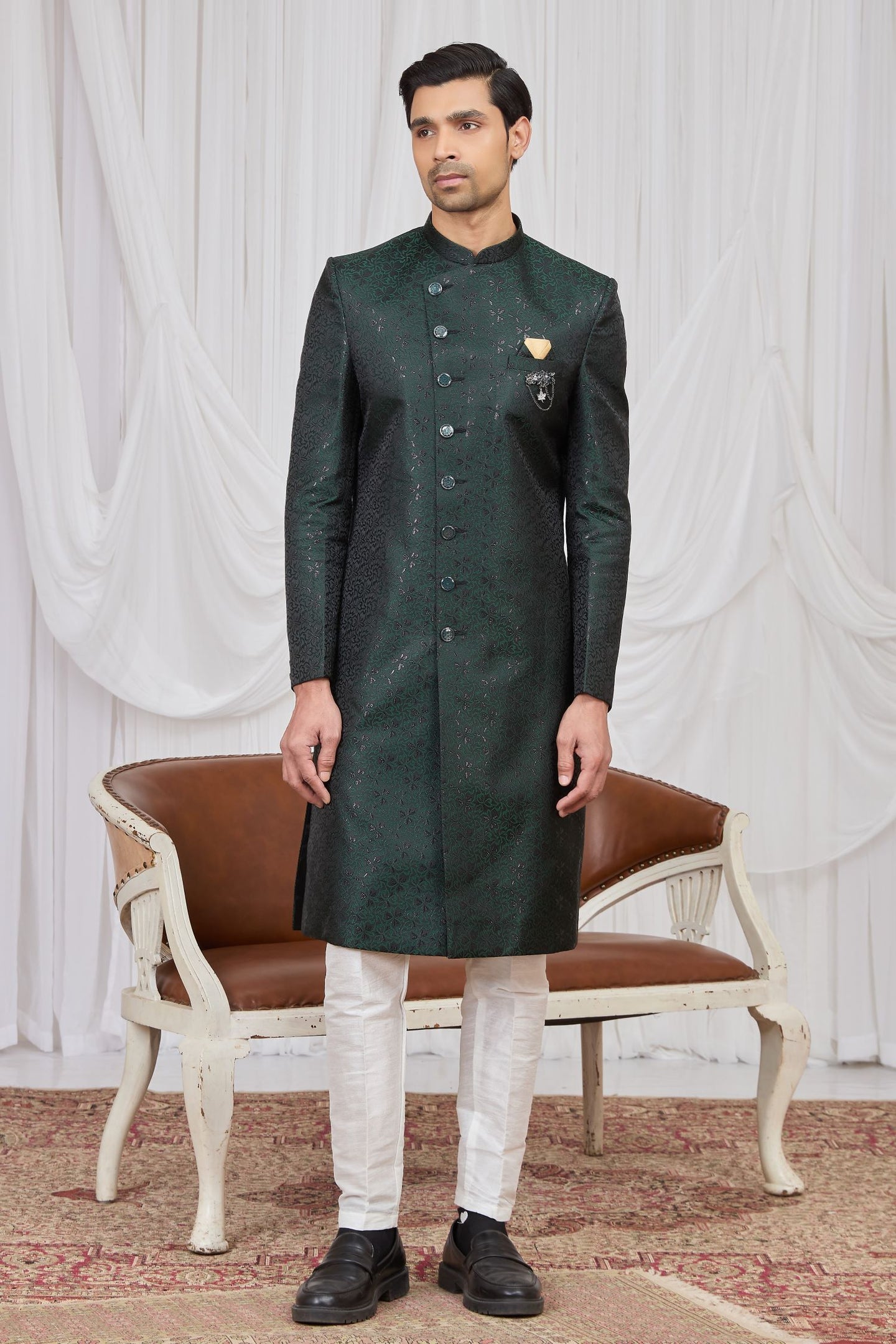 Black Green Jacquard Weaving Work Sherwani Kurta Set for Men & Pajama