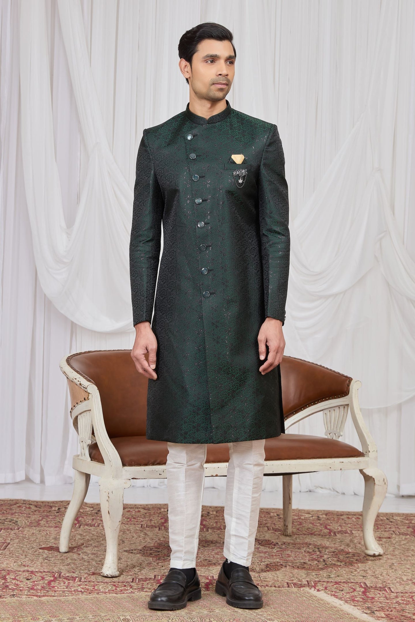 Black Green Jacquard Weaving Work Sherwani Kurta Set for Men & Pajama