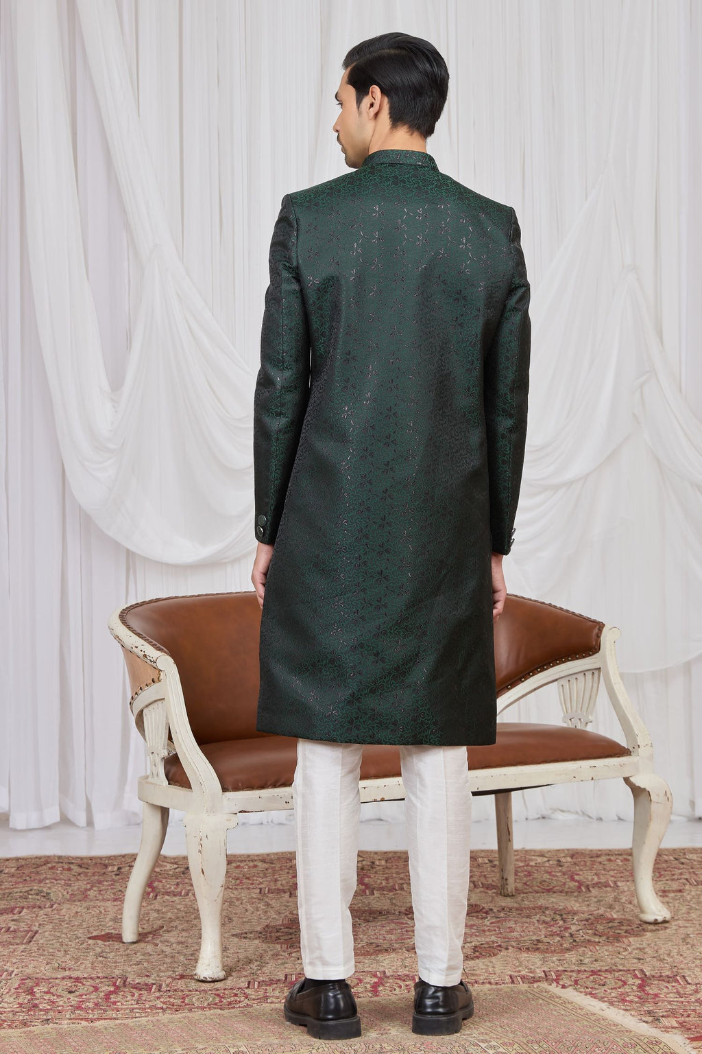 Black Green Jacquard Weaving Work Sherwani Kurta Set for Men & Pajama
