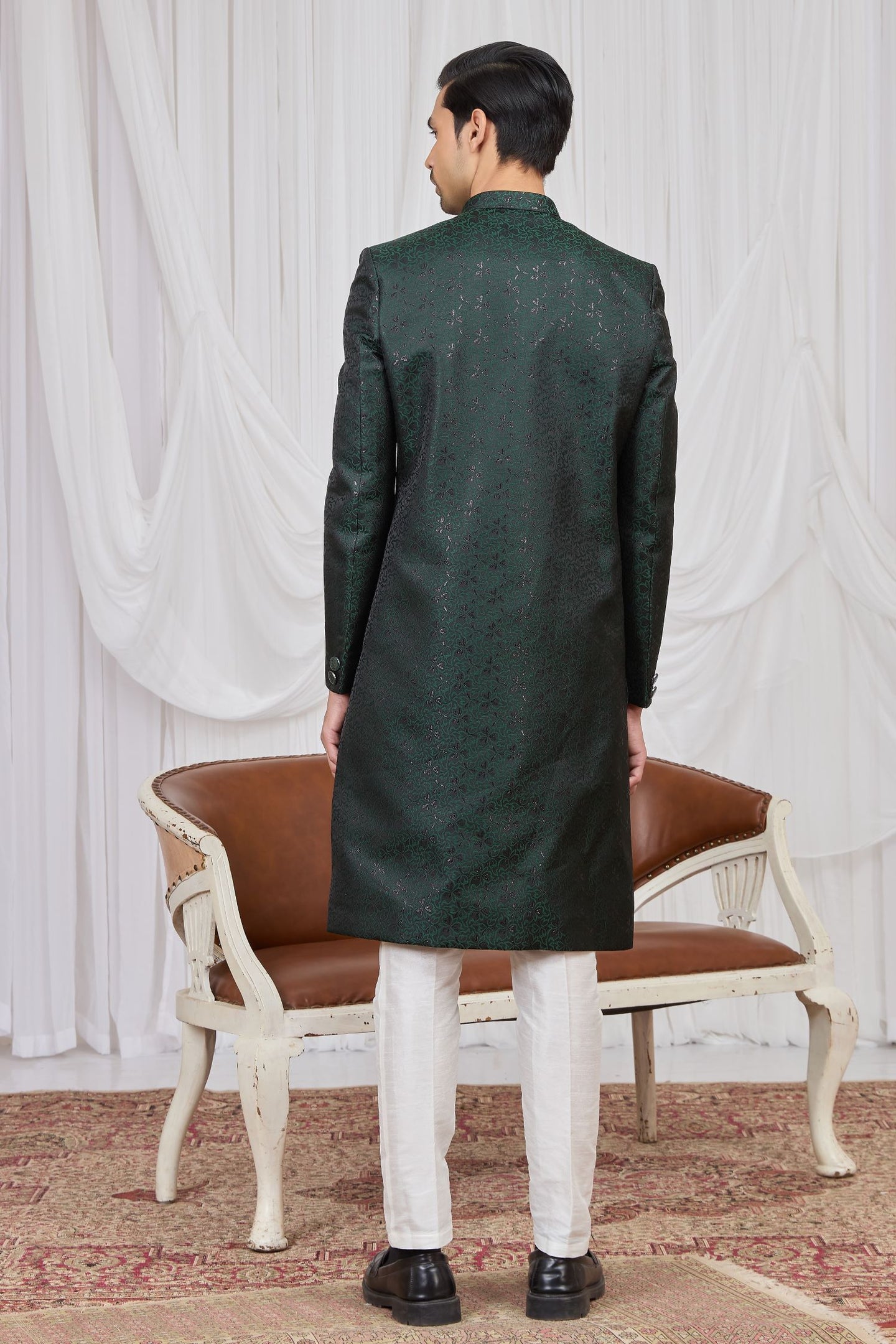 Black Green Jacquard Weaving Work Sherwani Kurta Set for Men & Pajama