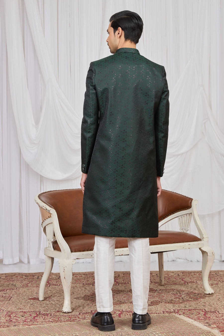 Black Green Jacquard Weaving Work Sherwani Kurta Set for Men & Pajama