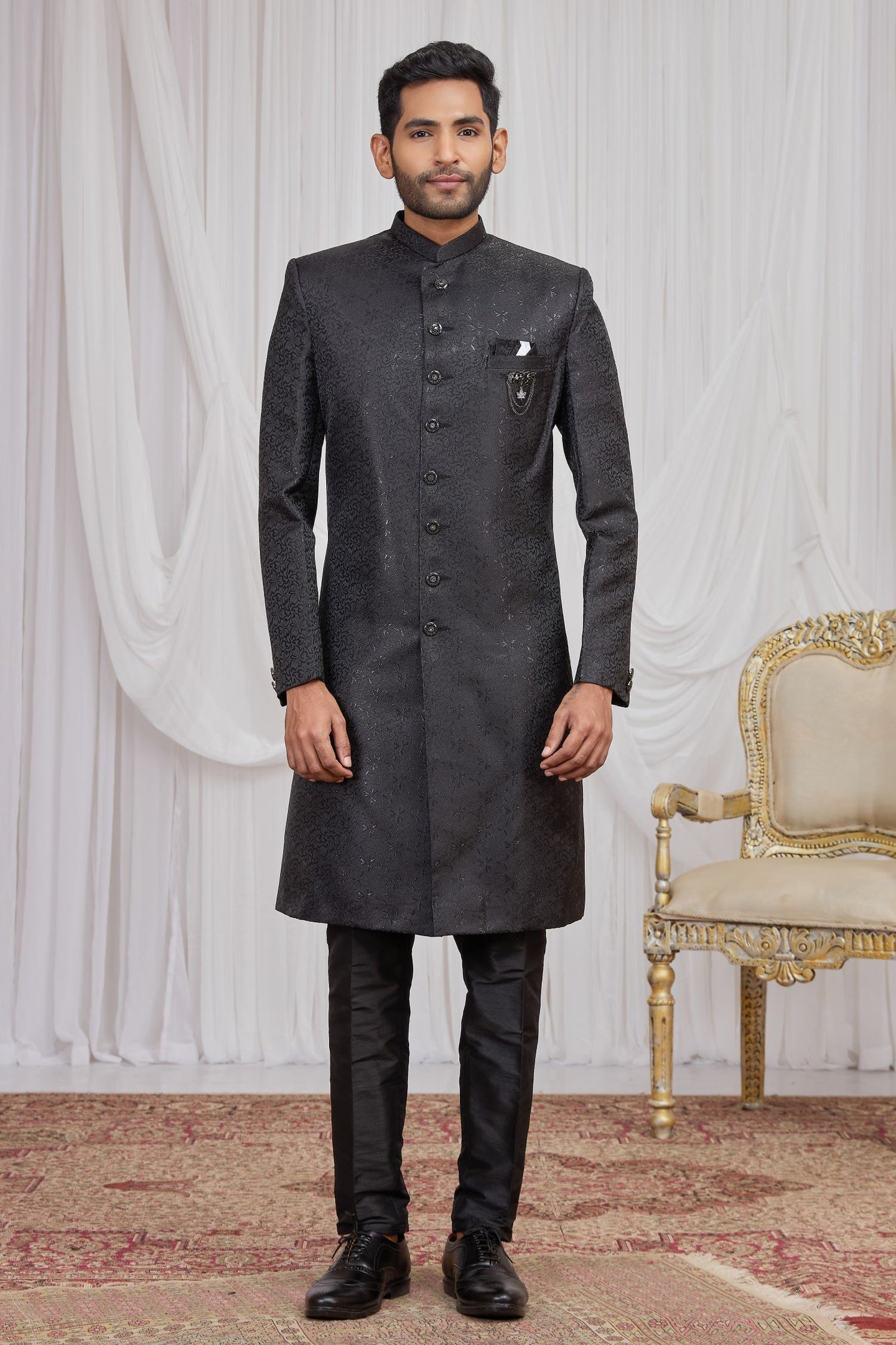Black Jacquard Sherwani Kurta Mens Wear & Pajama Weaving Work