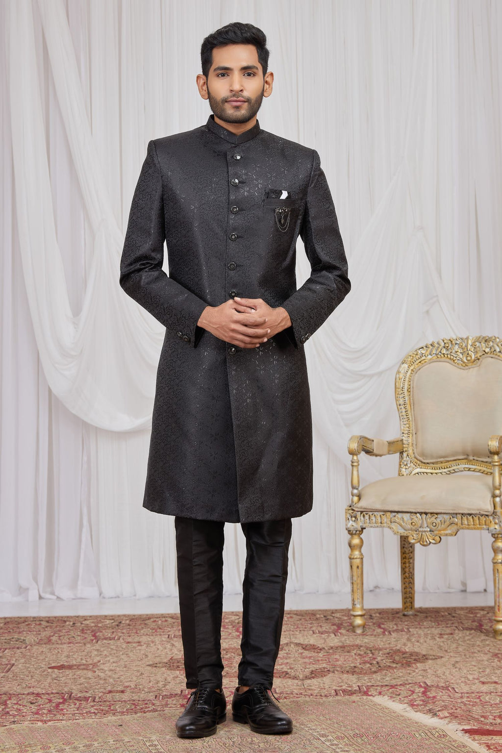 Black Jacquard Sherwani Kurta Mens Wear & Pajama Weaving Work