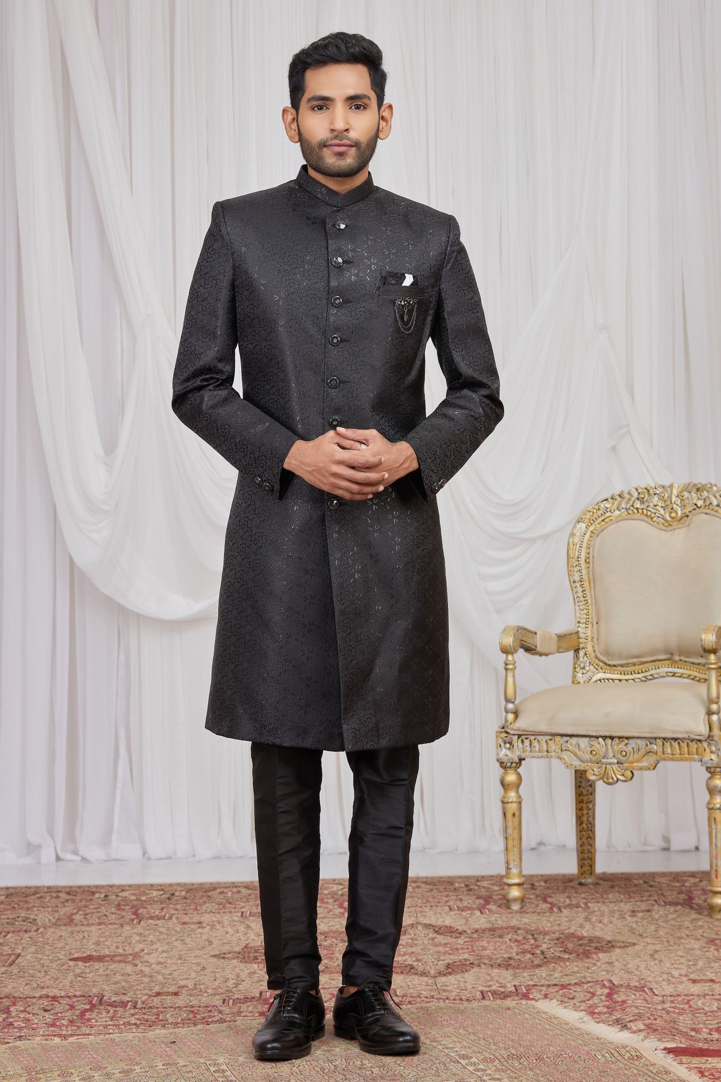 Black Jacquard Sherwani Kurta Mens Wear & Pajama Weaving Work