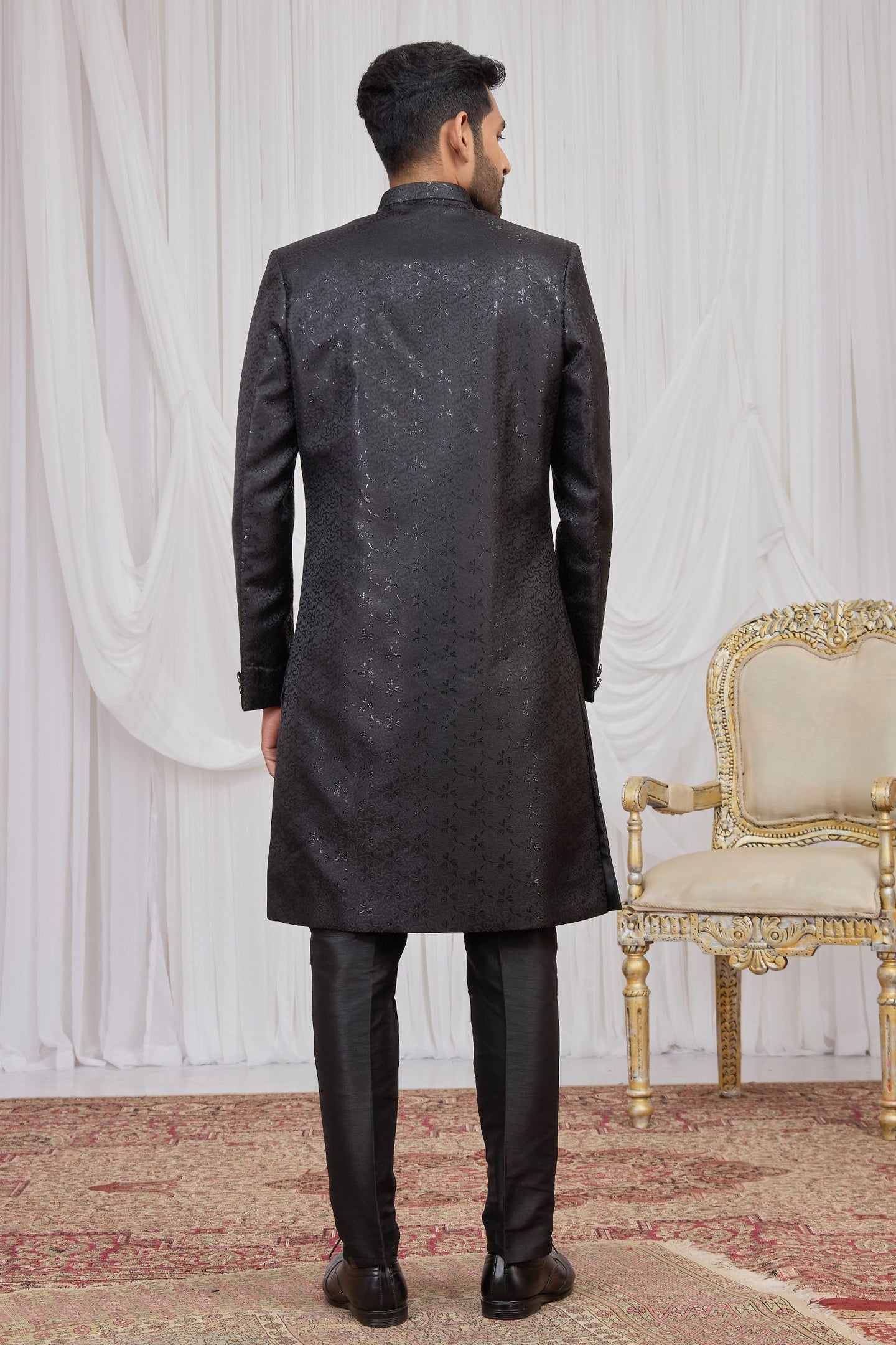 Black Jacquard Sherwani Kurta Mens Wear & Pajama Weaving Work