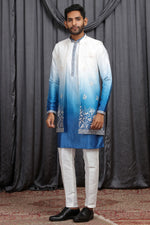 Blue Men's Kurta Pyjama with Embroidery Jacket in Art Silk