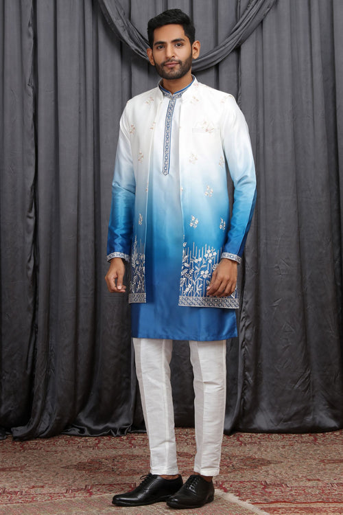 Blue Art Silk Men's Kurta Pyjama with Embroidery Jacket
