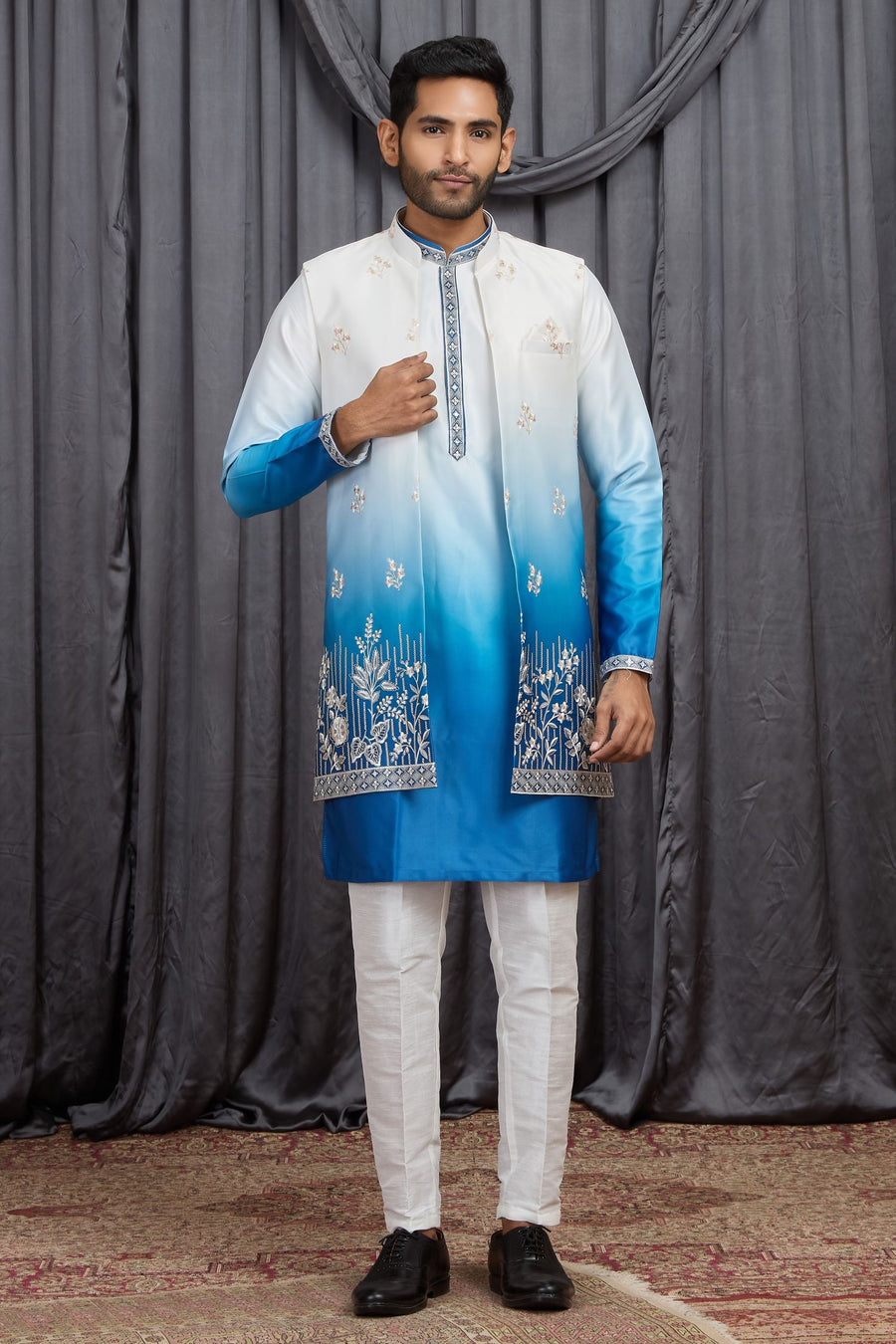 Blue Art Silk Men's Kurta Pyjama with Embroidery Jacket